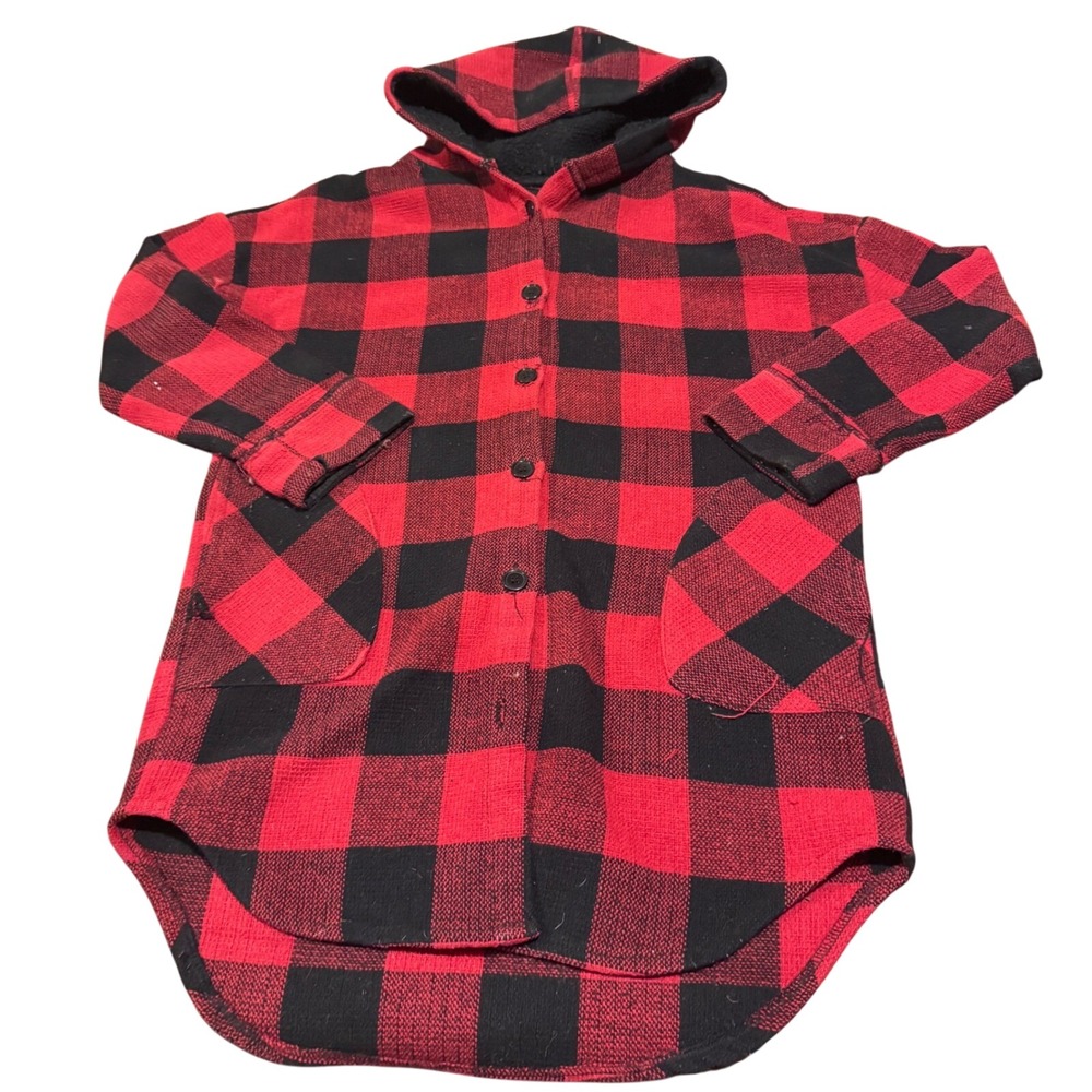 Buffalo Plaid Sherpa Hooded Shacket Long Shirt Jacket Cabin Core Lumberjack Wmns